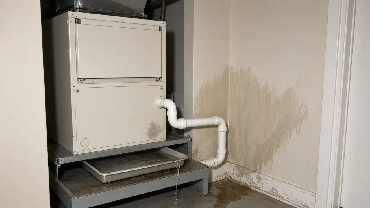 Indoor AC air handler with an overflowing drain pan and a water-stained wall and baseboard