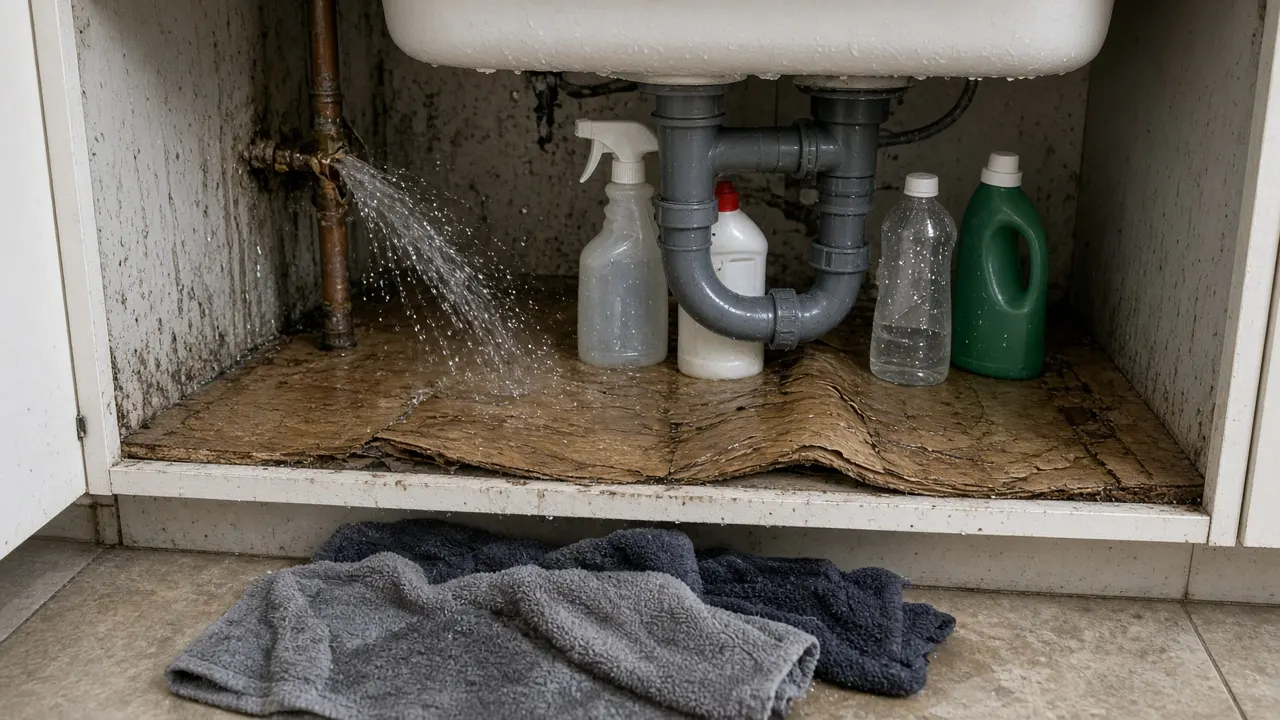 Split supply pipe spraying water inside a sink cabinet with a warped cabinet floor