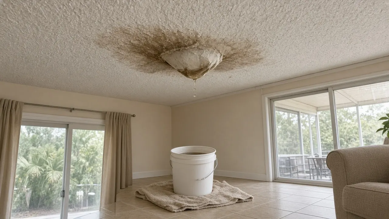 Water-stained, bulging ceiling dripping into a bucket on a towel in a Florida living room