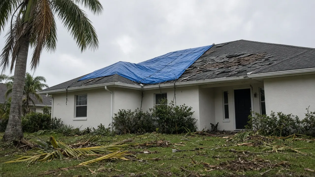 Florida home with a blue tarp over storm-damaged shingles and palm debris on the lawn