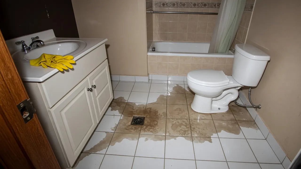 Dirty water backed up around a floor drain and toilet in a tiled bathroom, rubber gloves on the counter