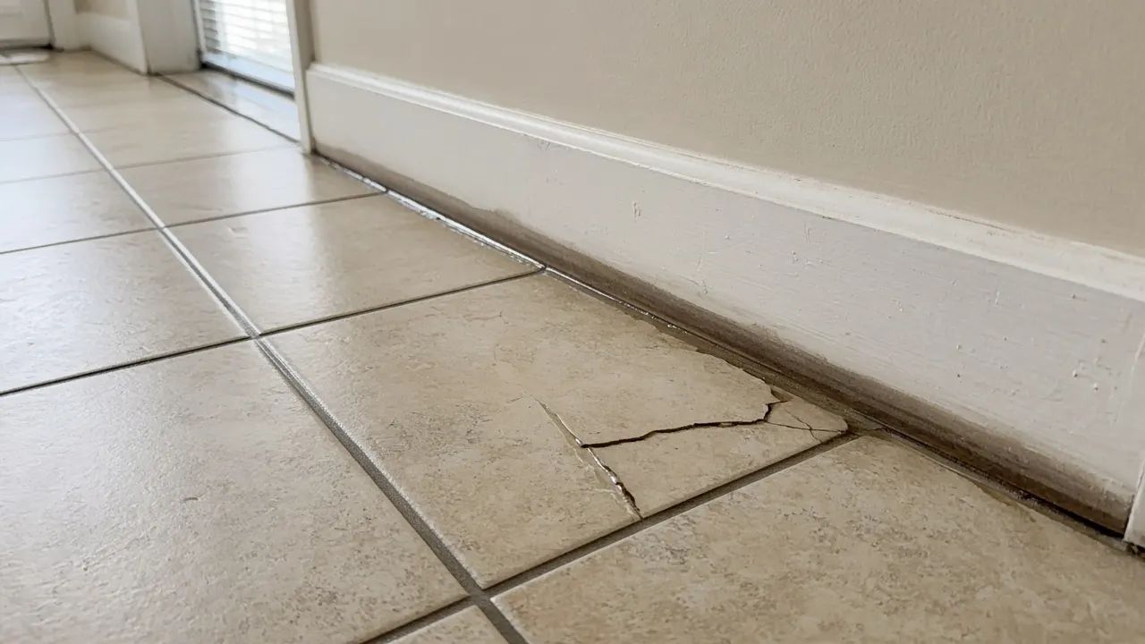 Cracked, lifted floor tile with dark damp grout and a moisture-stained baseboard in a Florida slab home