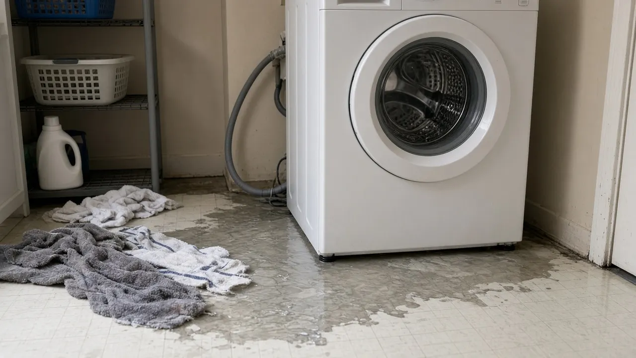 Water pooled across a laundry room floor in front of a washing machine, with towels on the floor