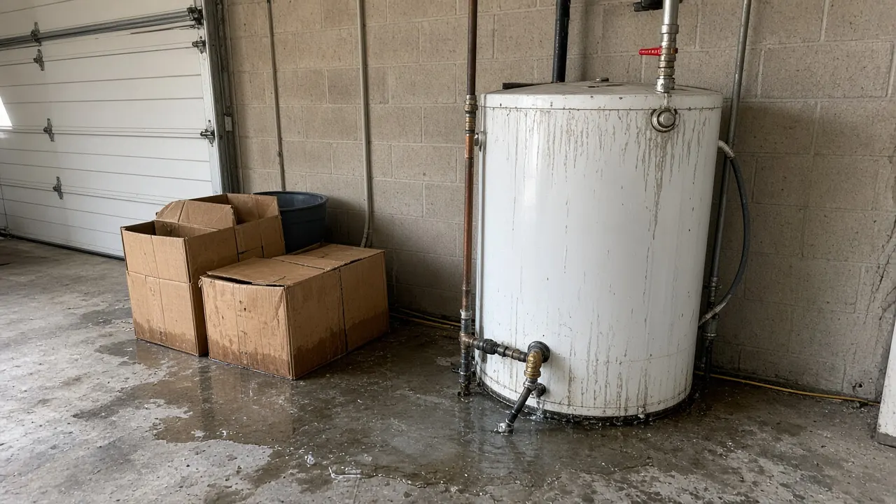 Leaking tank water heater in a garage with water spreading across the concrete floor
